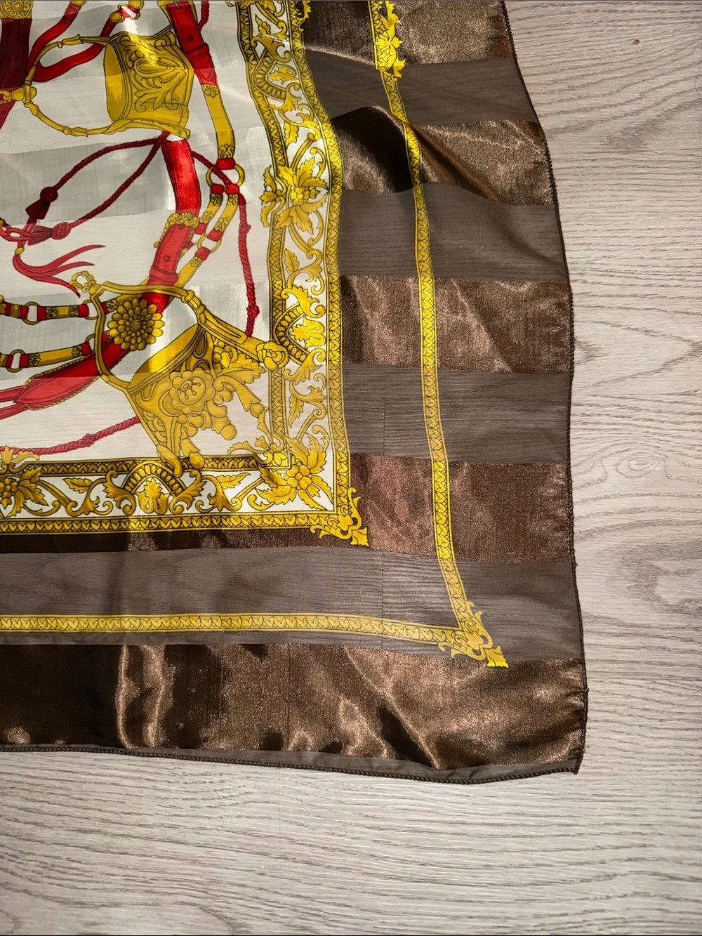 Elegant Brown, Gold & Red Silk Scarf